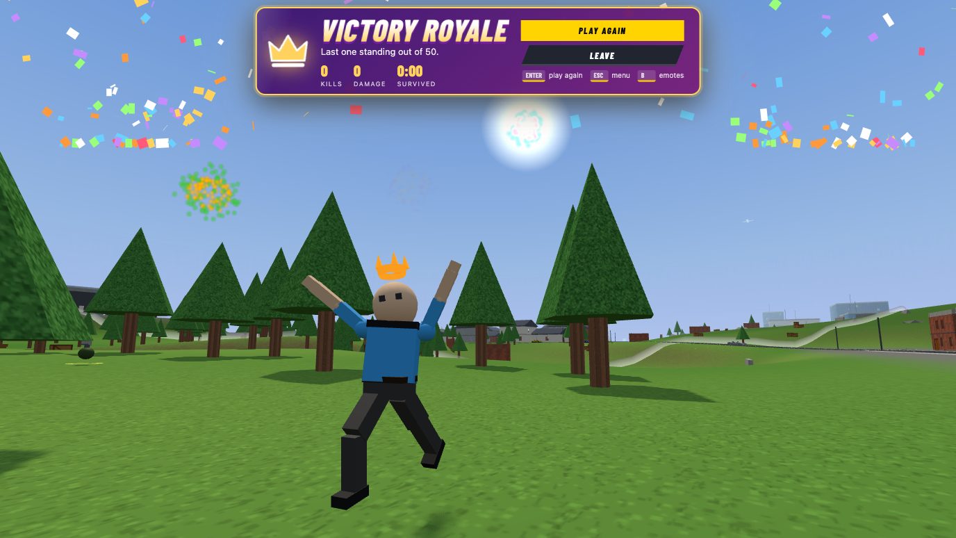 A player with a crown dancing after winning, with confetti and a victory banner